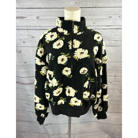 Sherpa Sweaters - Entro Floral Sherpa Fleece Pullover Women Medium Black 3/4 Zip Cozy NWT